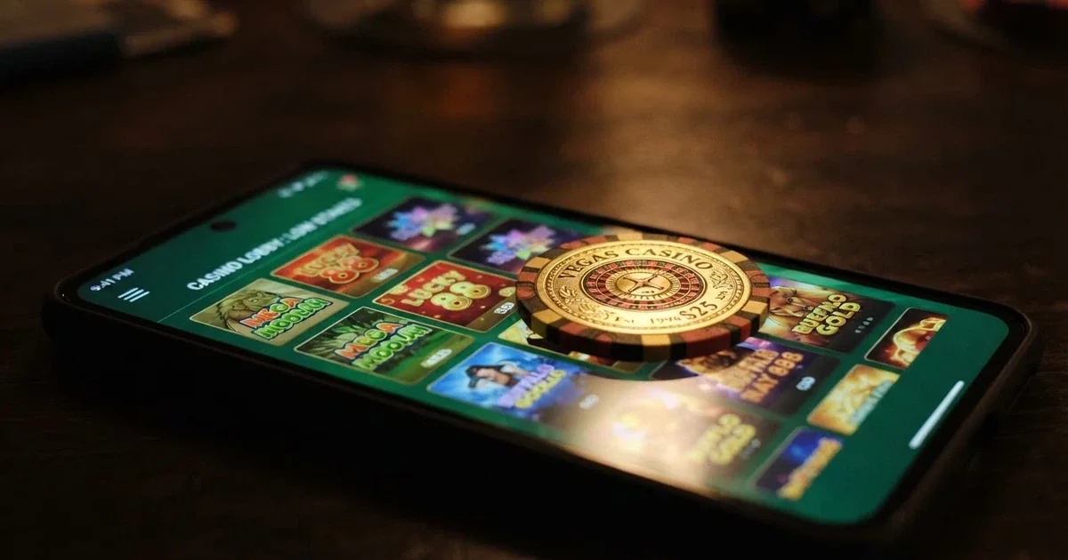 A single Australian one-dollar coin resting on a smartphone screen showing a casino lobby with low-stakes pokies tiles visible