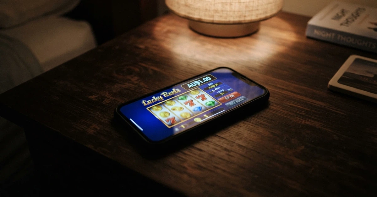 A smartphone screen showing an online pokies game with a low balance display reading AU$1.00, set against a dim home setting in Australia