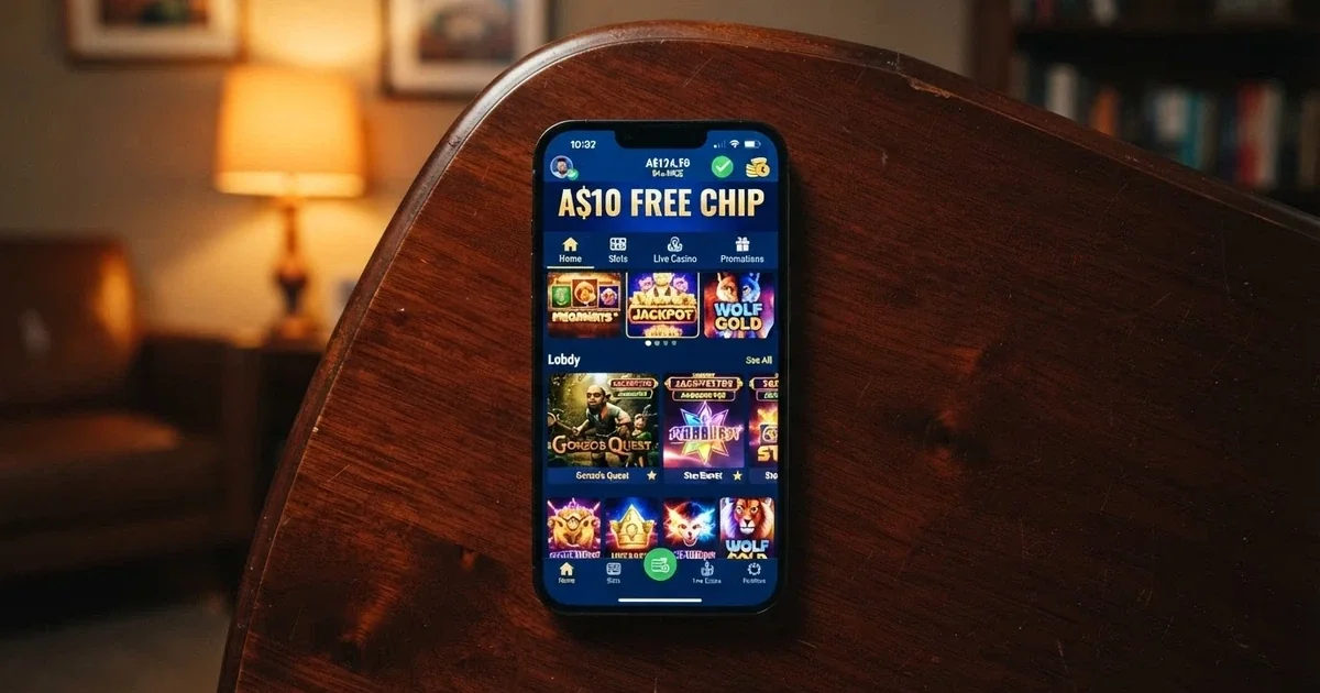 A smartphone screen displaying an online casino lobby with a $10 no-deposit bonus banner and a PayID payment logo visible