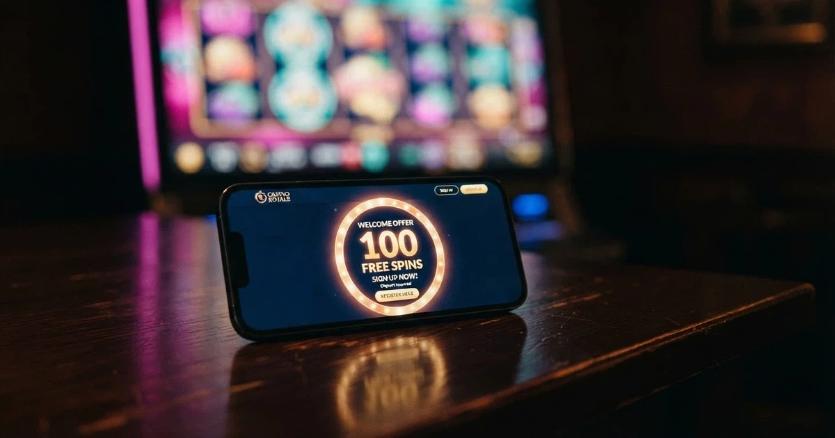 A smartphone screen glowing with a casino registration page, a 100 free spins badge displayed prominently, reels of a pokie spinning softly in the dark background