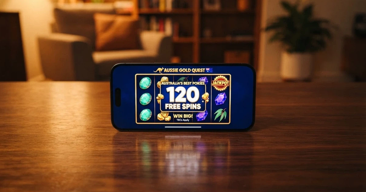 A mobile phone screen displaying a colourful online pokie game with a “120 Free Spins” promotional badge overlaid on the reels