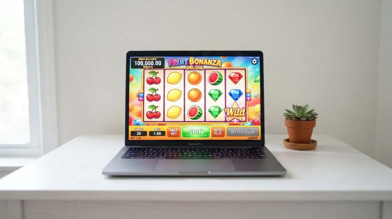 A laptop screen showing a 1Spin4Win slot in demo mode, with a clearly visible fake-credit balance counter and a greyed-out cash-out button