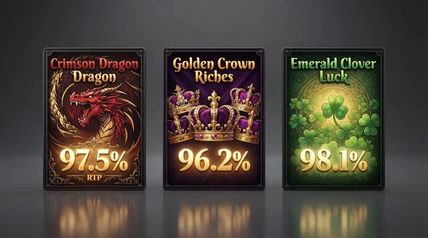 A split-screen comparing three 1Spin4Win slot title cards side by side, each showing its RTP percentage highlighted in gold