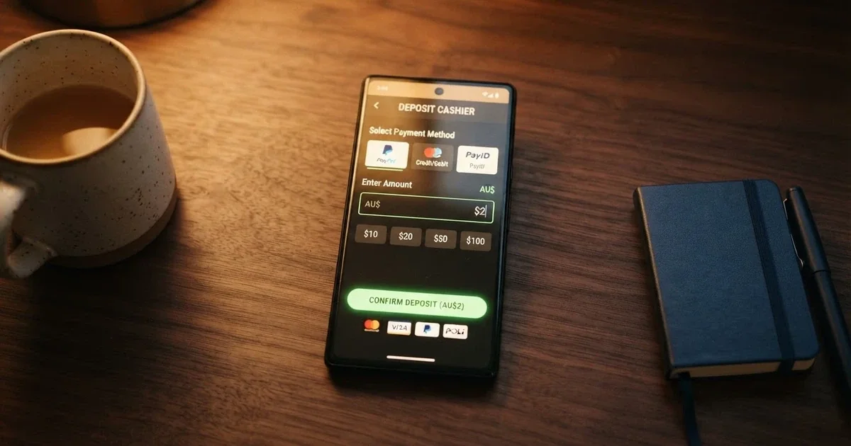 A smartphone screen displaying an online casino cashier with a $2 deposit amount entered
