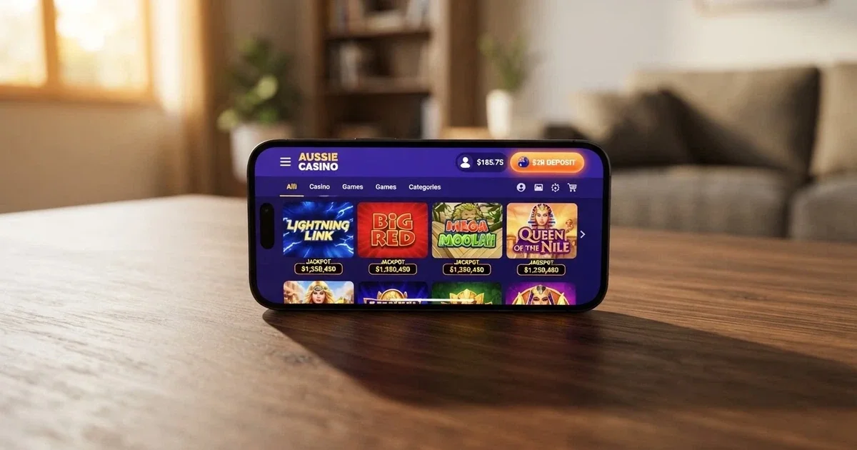 A smartphone displaying an online casino lobby with a $20 deposit button highlighted, Australian dollar symbol visible on screen