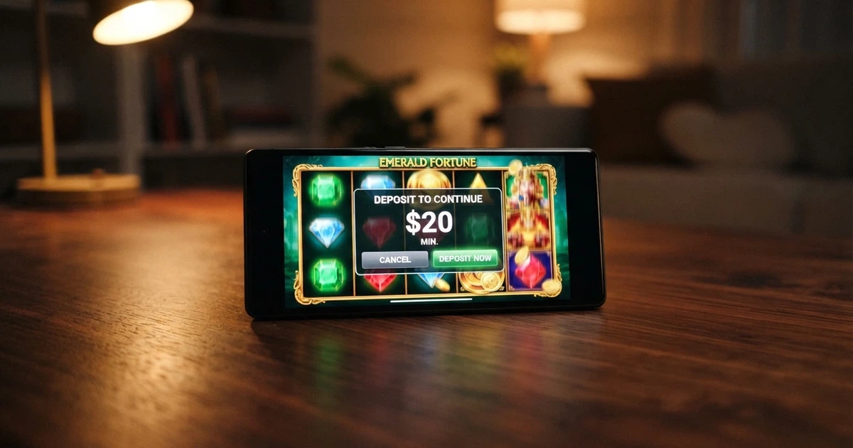 A smartphone screen showing an online pokies game with a deposit prompt displaying a $20 amount
