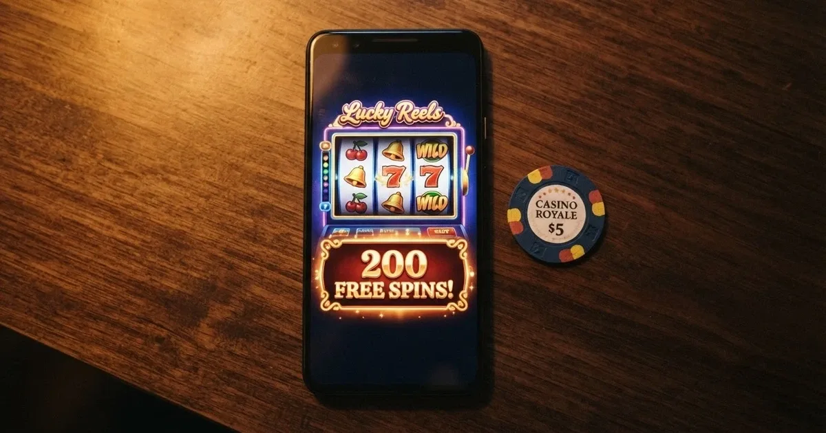 A smartphone displaying a casino pokie with a “200 Free Spins” banner, an Australian $20 note beside it on a table