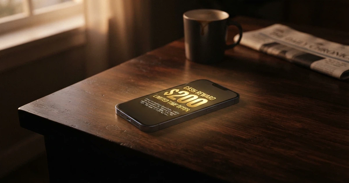 A smartphone screen displaying an online casino bonus promotion with terms and conditions visible below a “$200 bonus” headline