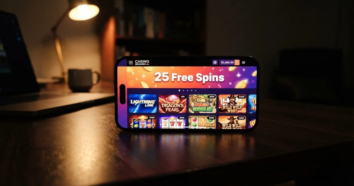A smartphone screen showing an online casino pokies lobby with a “25 Free Spins No Deposit” promotional banner, set against a dim background suggesting offshore digital access