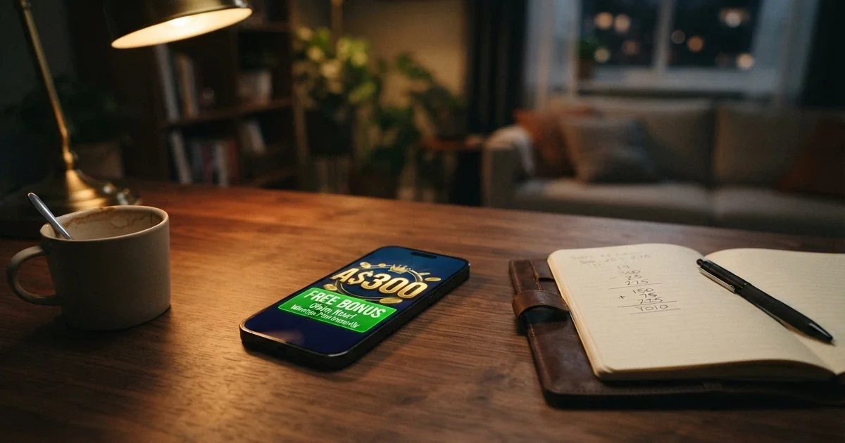 A smartphone showing an online casino bonus pop-up with a $300 free chip banner, a calculator and a notepad beside it on a desk