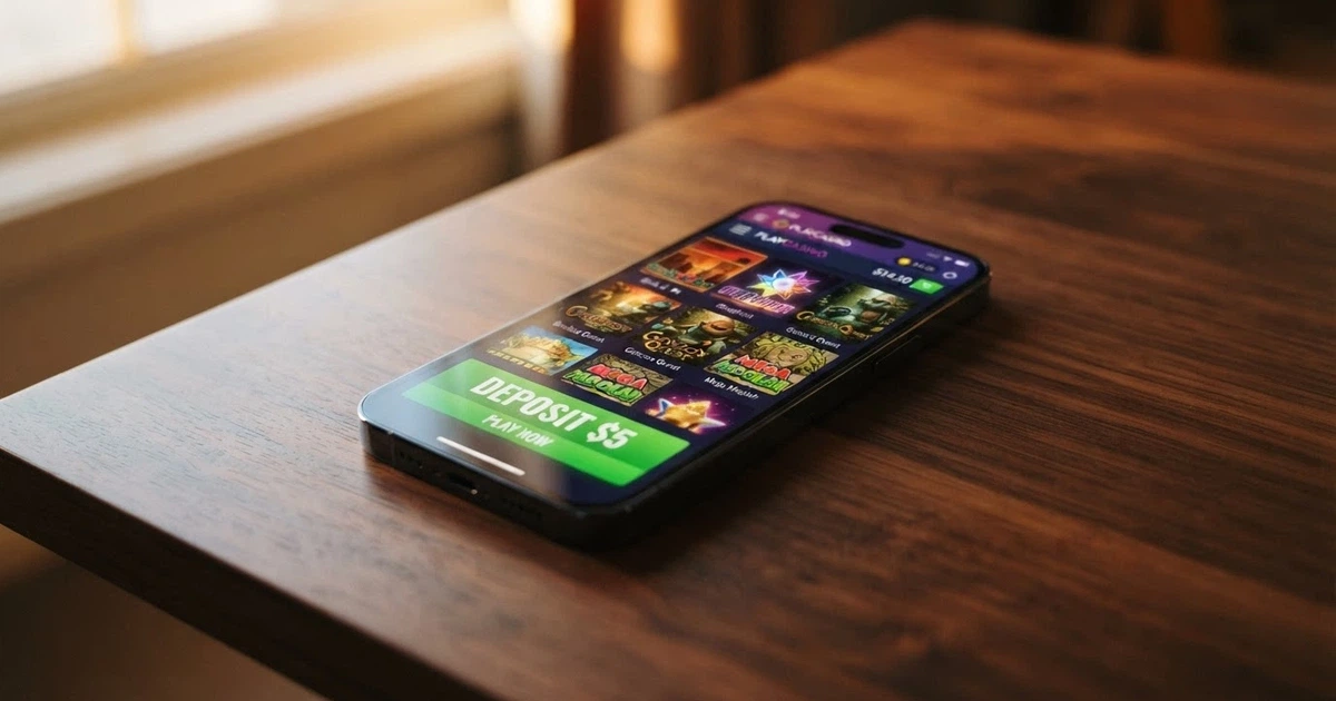 A smartphone showing an online casino lobby screen with a $5 deposit button highlighted