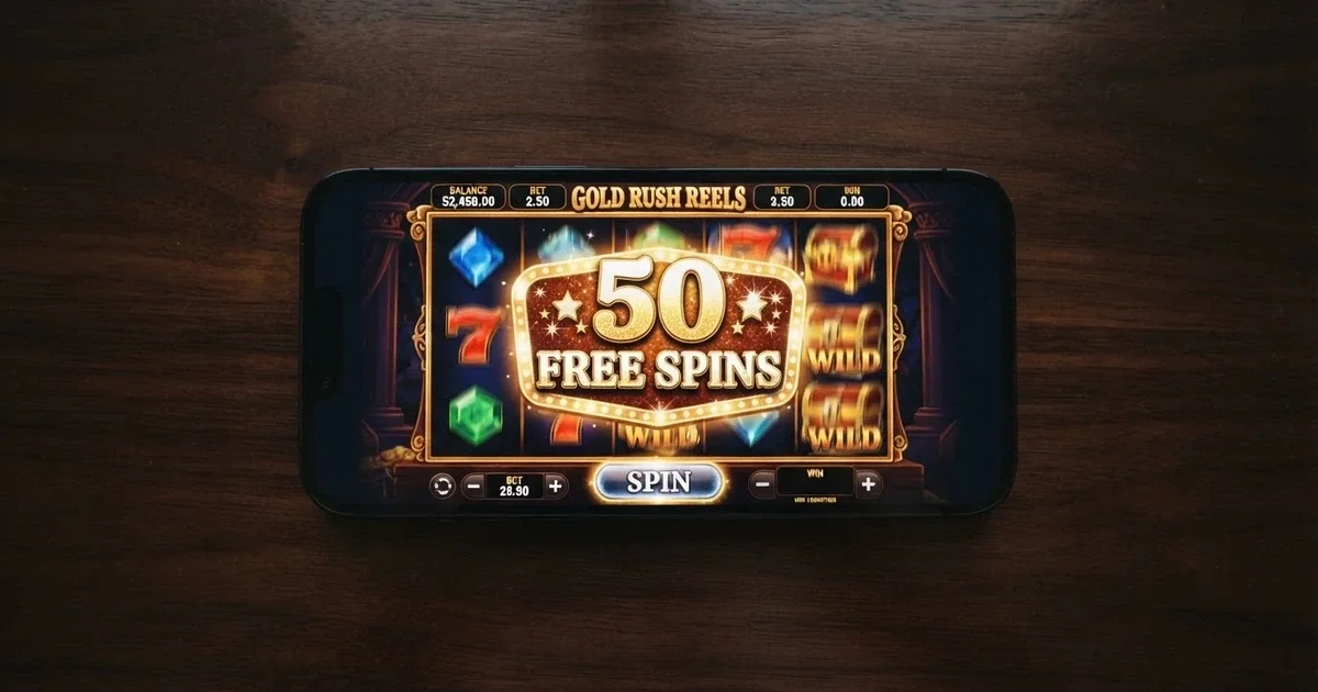 A smartphone screen displaying a colourful online pokies game with a “50 Free Spins” promotional badge overlay