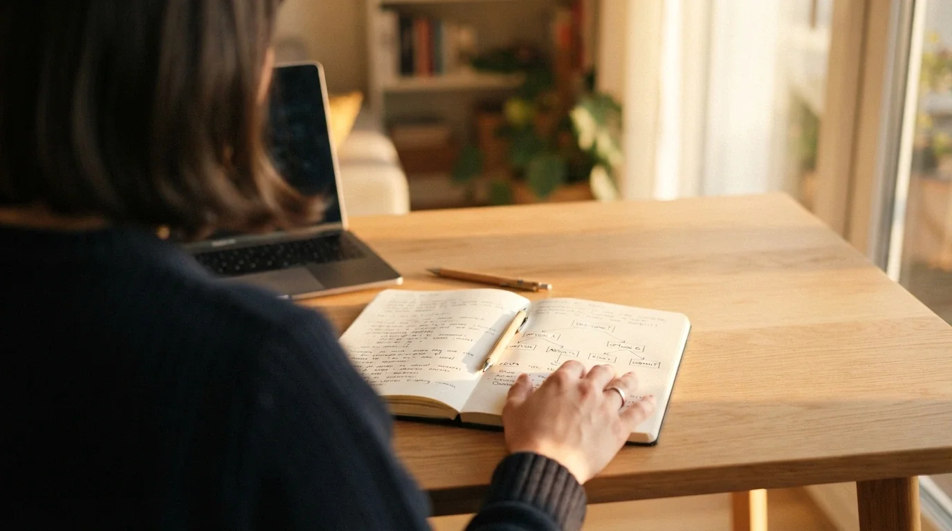 A player reviewing notes beside a decision-path sketch