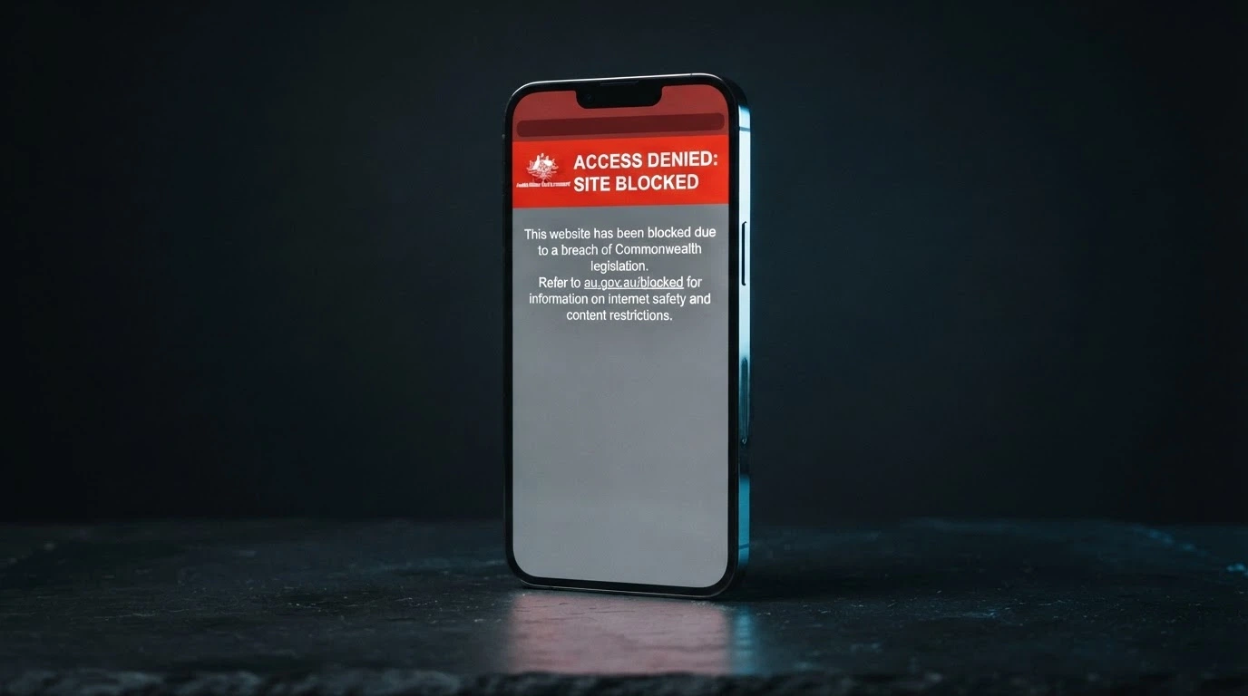 A browser window on an iPhone displaying the ACMA blocking notice that appears when an ISP has blocked an illegal gambling site