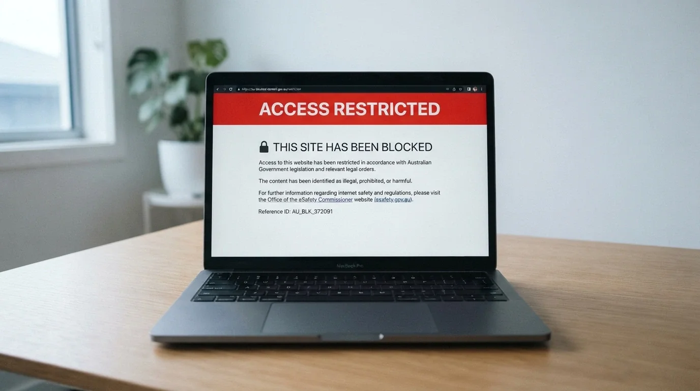A laptop browser displaying the ACMA blocking notice for an illegal offshore gambling website