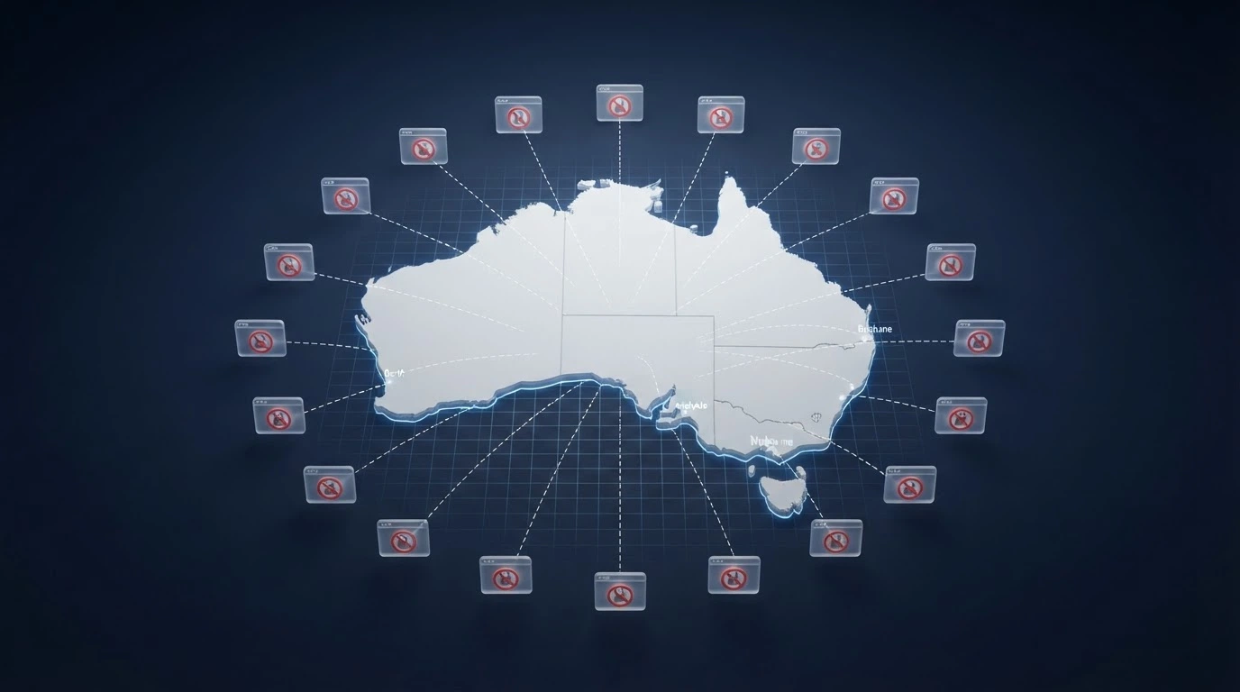 A stylised map of Australia with dashed lines radiating outward to blocked-website icons bearing ACMA insignia, showing the ISP-level enforcement programme
