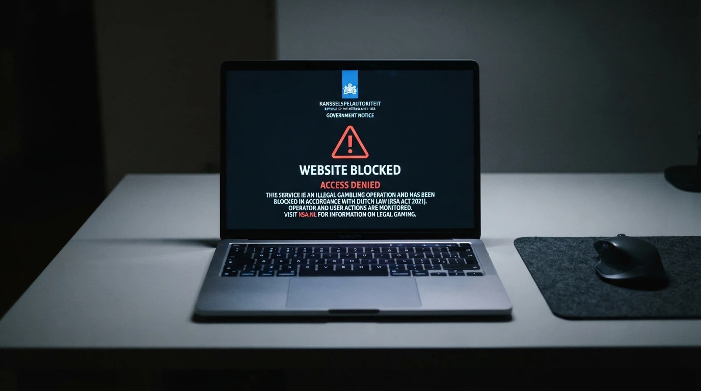 A laptop screen displaying an ACMA blocking notice with the Australian Government crest, a red warning icon and text stating the site is an illegal gambling service