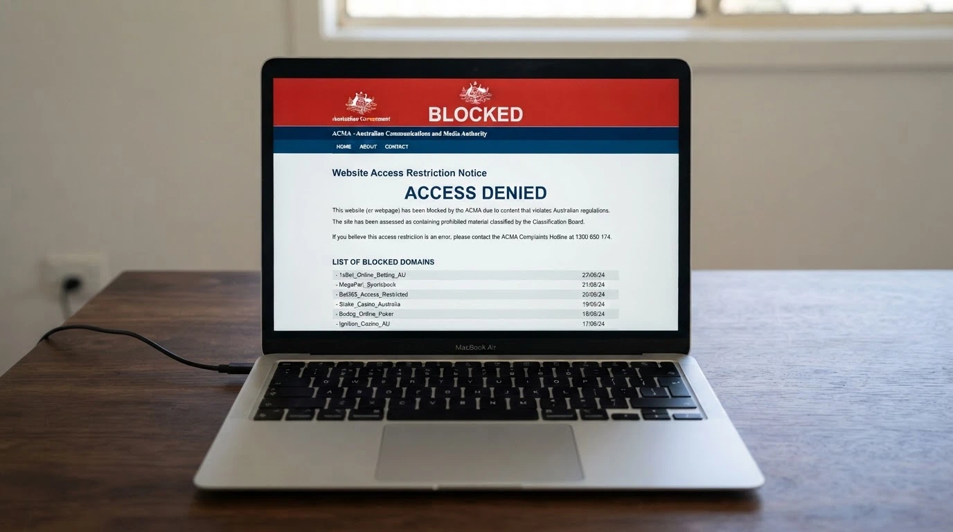 A laptop screen showing the ACMA website with a site-blocking notice for an illegal offshore gambling domain