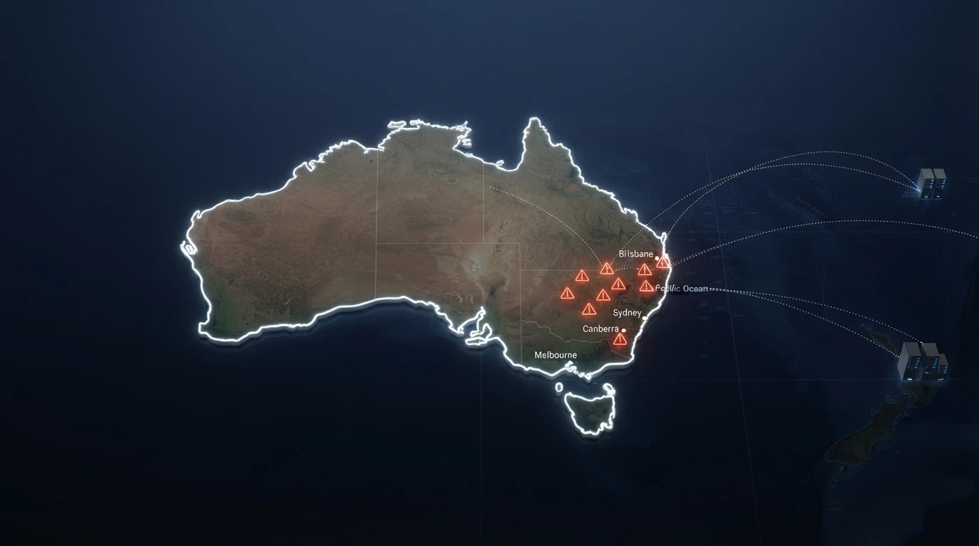 A map of Australia with blocked-site warning icons radiating from it, connected to offshore server icons across the Pacific and Caribbean