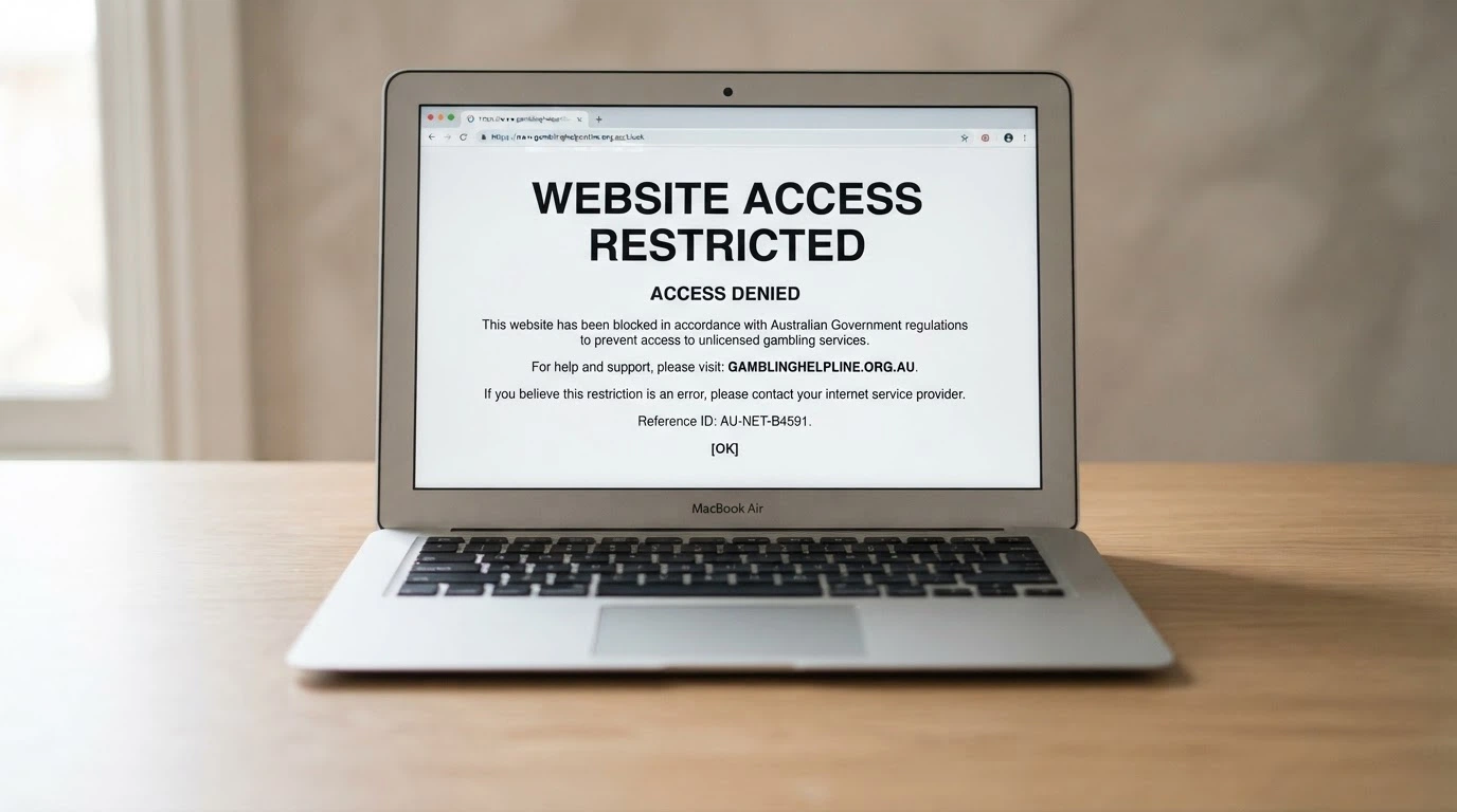 A computer browser displaying an ACMA site-blocked notice for an illegal offshore gambling website