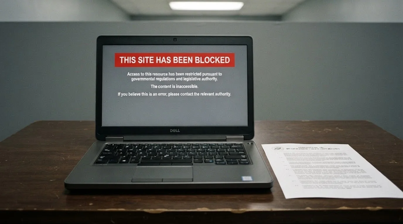 A laptop screen displaying the ACMA website-blocking notice Australians see when an ISP blocks a gambling site, with the Interactive Gambling Act 2001 document visible beside the keyboard