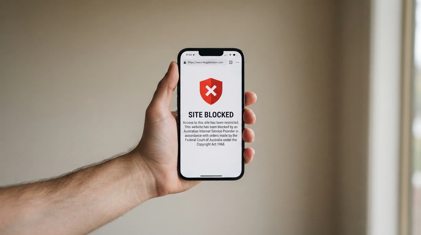 A phone browser displaying the ACMA site-blocked notice that appears when an Australian ISP blocks an illegal gambling domain