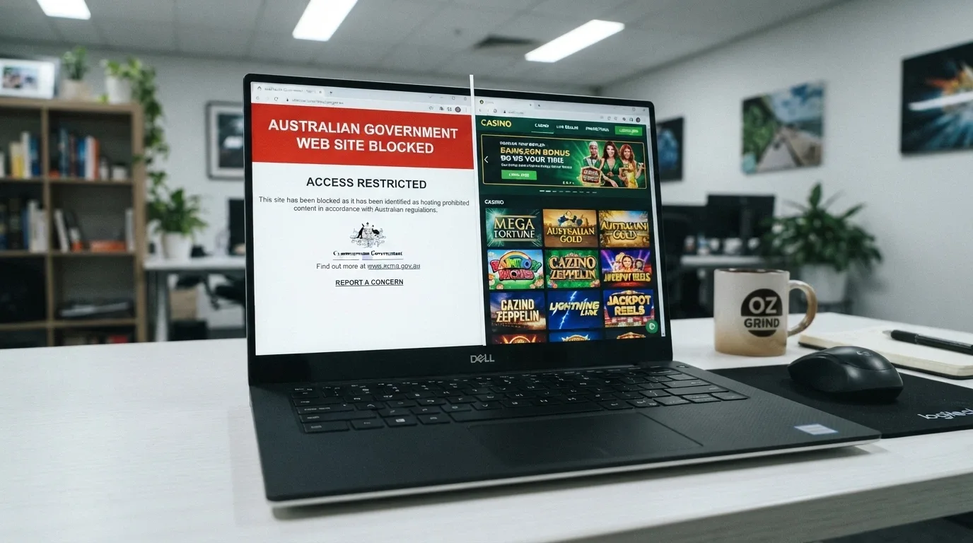 A browser window showing an ACMA blocking notice on one side and a Curaçao-licensed casino lobby on the other, the contrast visible