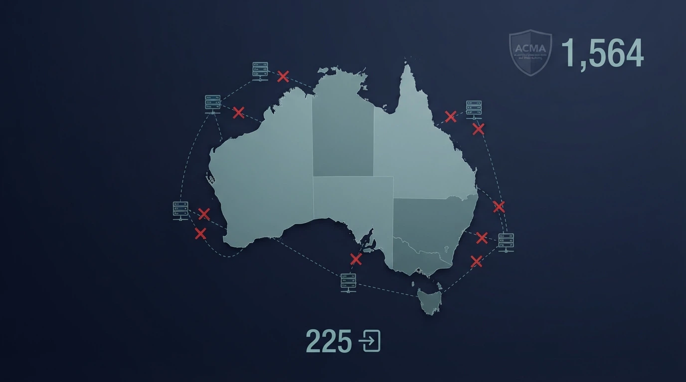 A stylised map of Australia with offshore casino server icons around it, crossed-out connection lines, and the ACMA logo with the figure 1,564 blocked sites