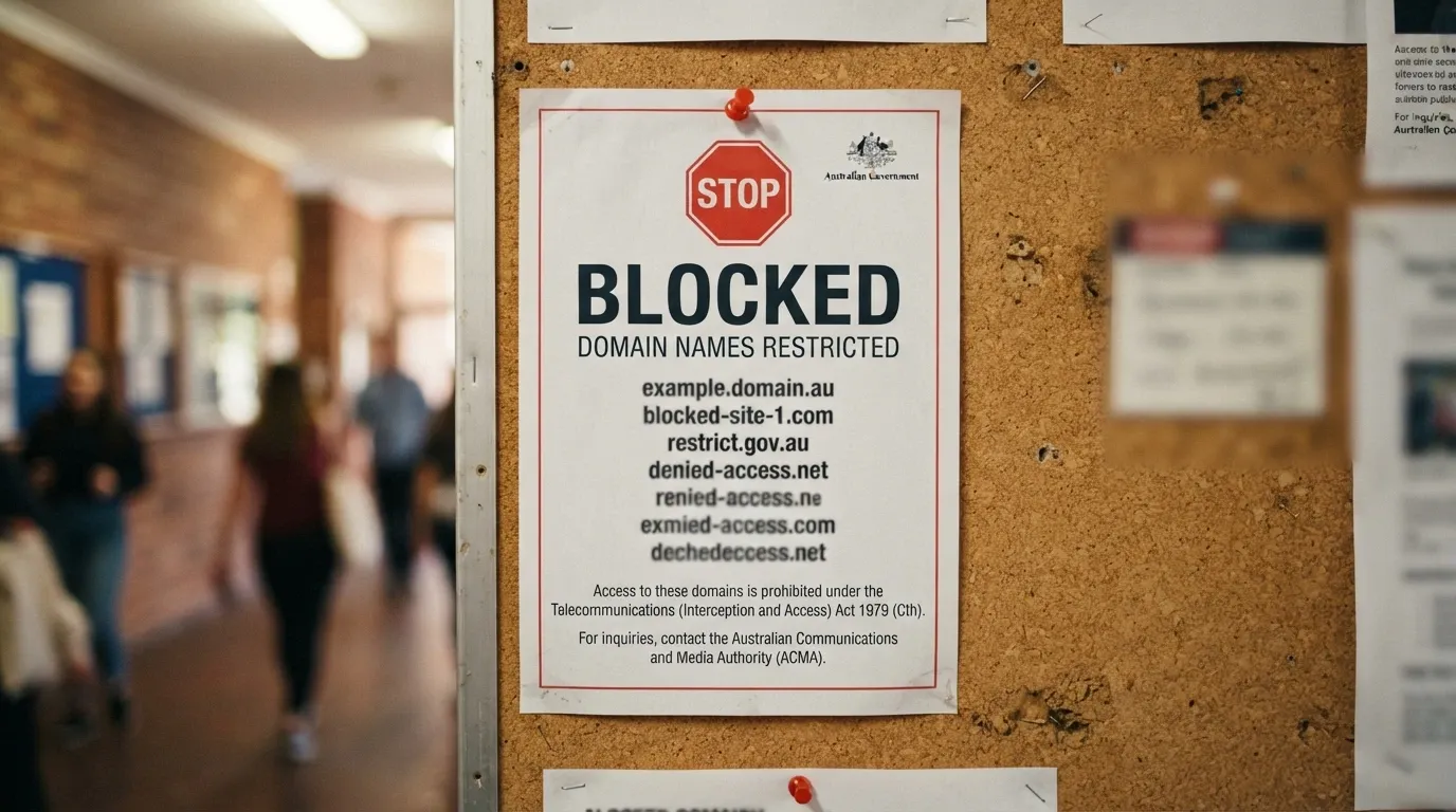 A mock-up of an ACMA-style notice listing blocked illegal gambling websites with a stop-sign icon and official government branding