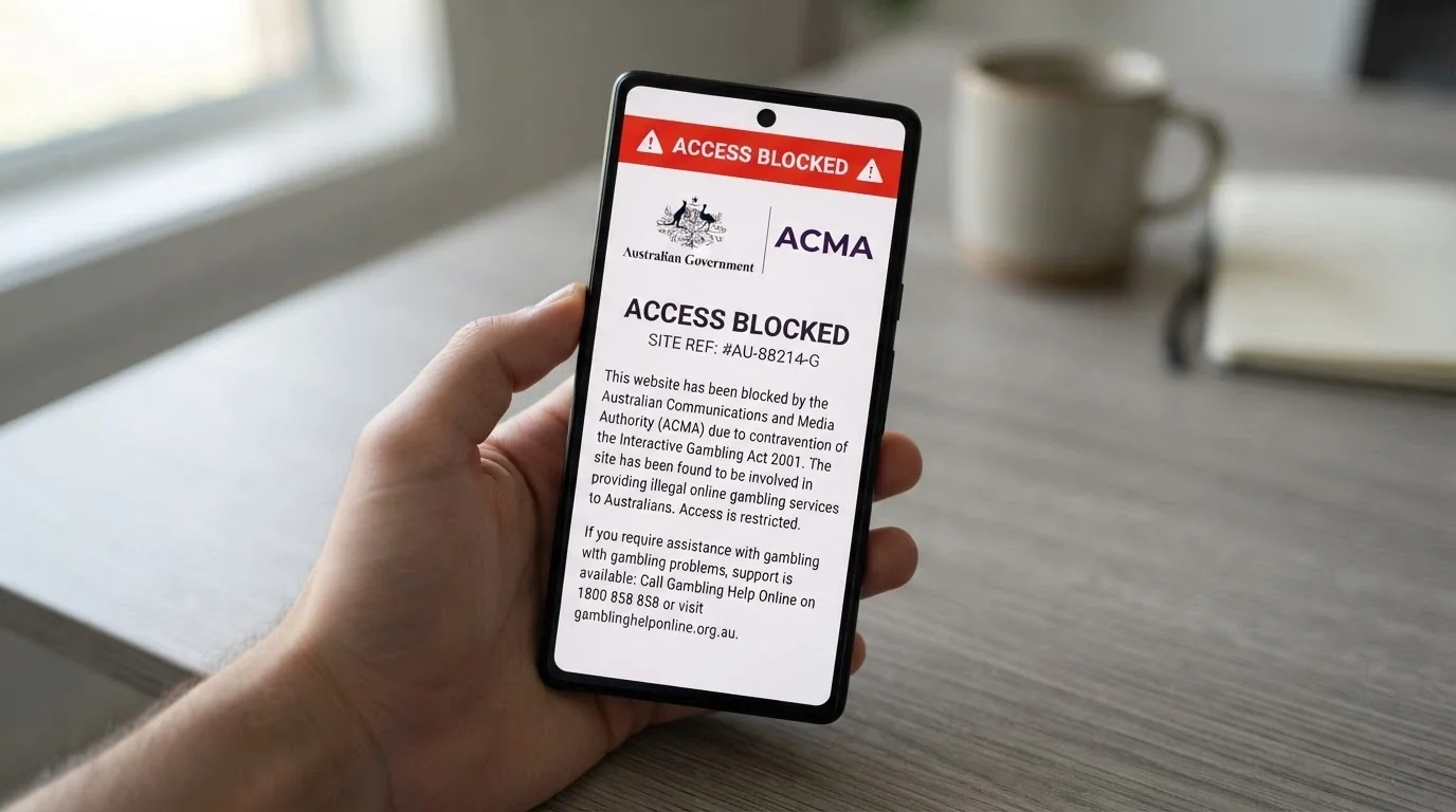 A smartphone screen displaying a mock-up of an ACMA website-blocking notice with the Australian Government crest and text reading “This site has been blocked following an ACMA investigation”