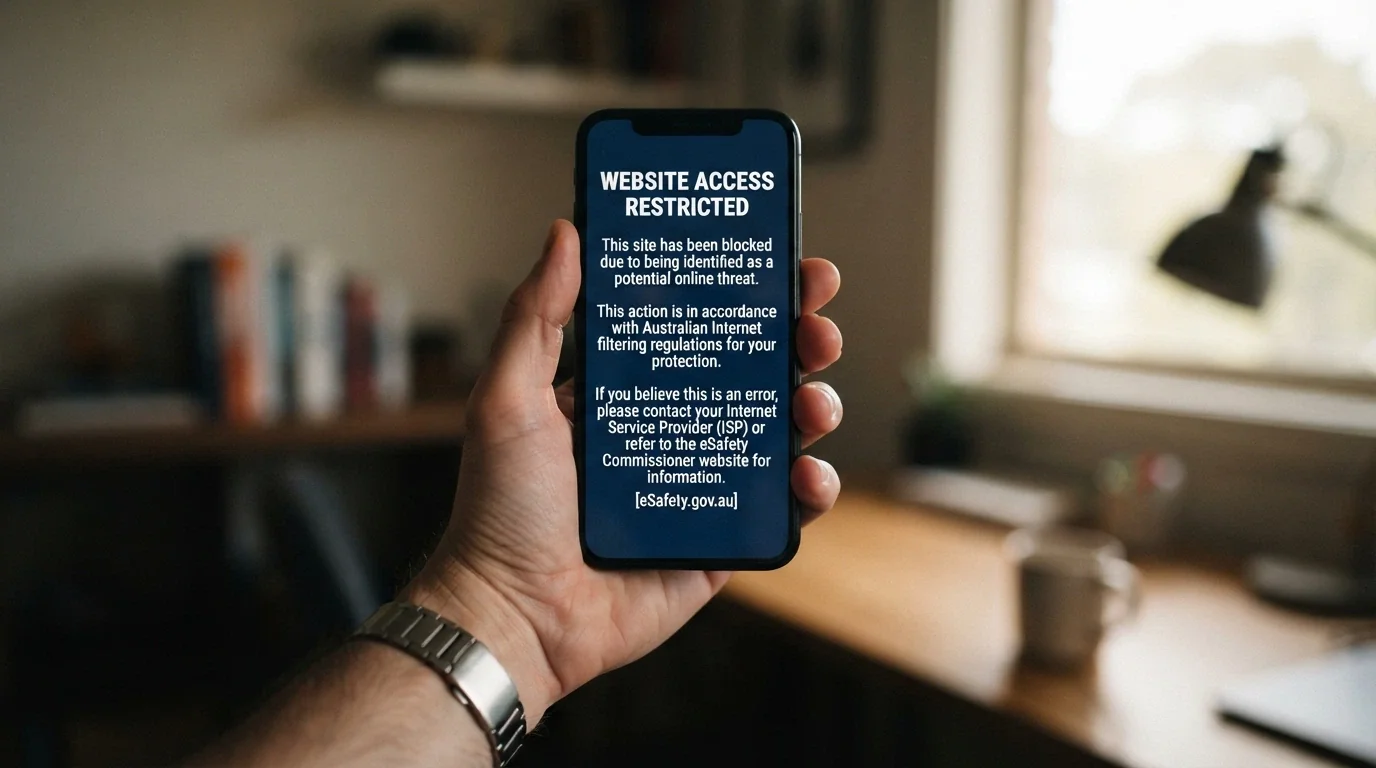 A smartphone screen displaying an ACMA blocking notice page — the standard ISP-level block Australians see when a gambling site has been blacklisted