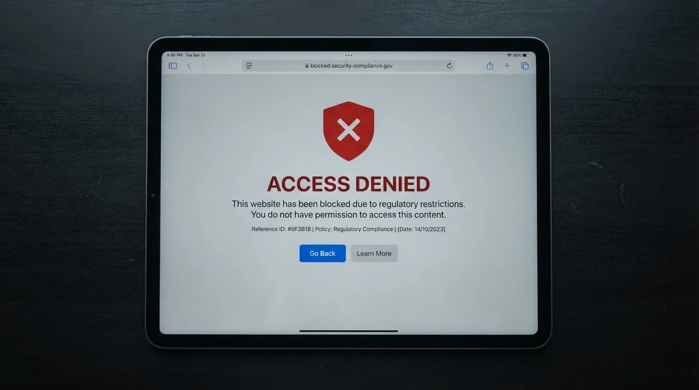 An iPad screen showing the ACMA website or a browser warning page about a blocked gambling site, the ACMA logo visible