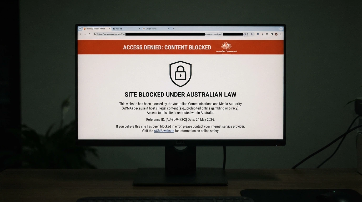 A browser window displaying an ACMA blocking notice with a padlock icon and the warning text that the site has been blocked
