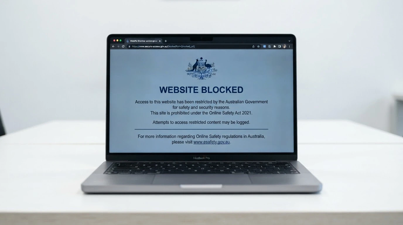 A browser window displaying an ACMA website-blocking notice — the standard screen an Australian user sees when an ISP blocks an illegal gambling site