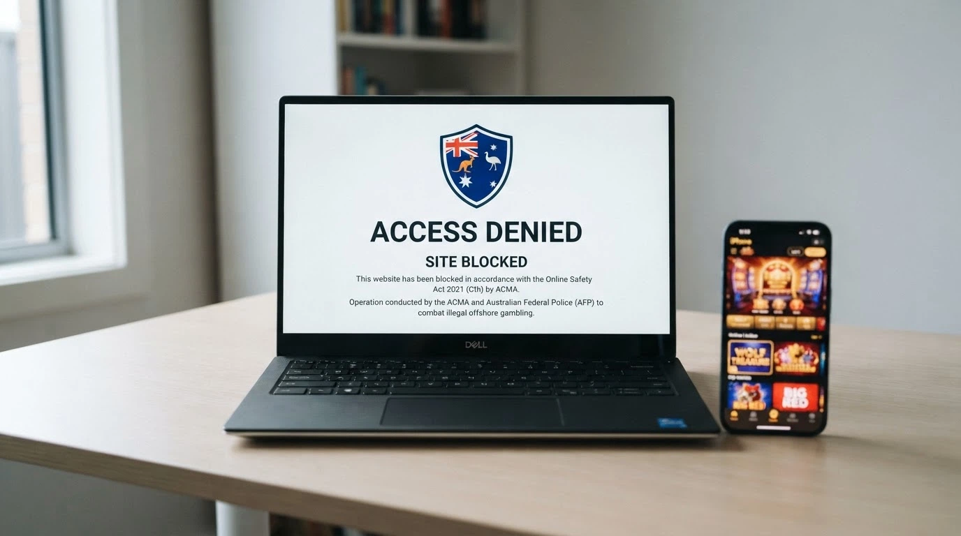A laptop screen displaying an ACMA-style blocked-website notice with Australian coat of arms, a smartphone beside it showing a casino lobby