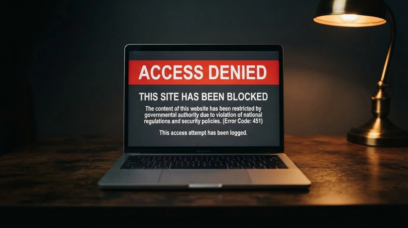 A web browser displaying the ACMA blocked-site notice on a dark screen
