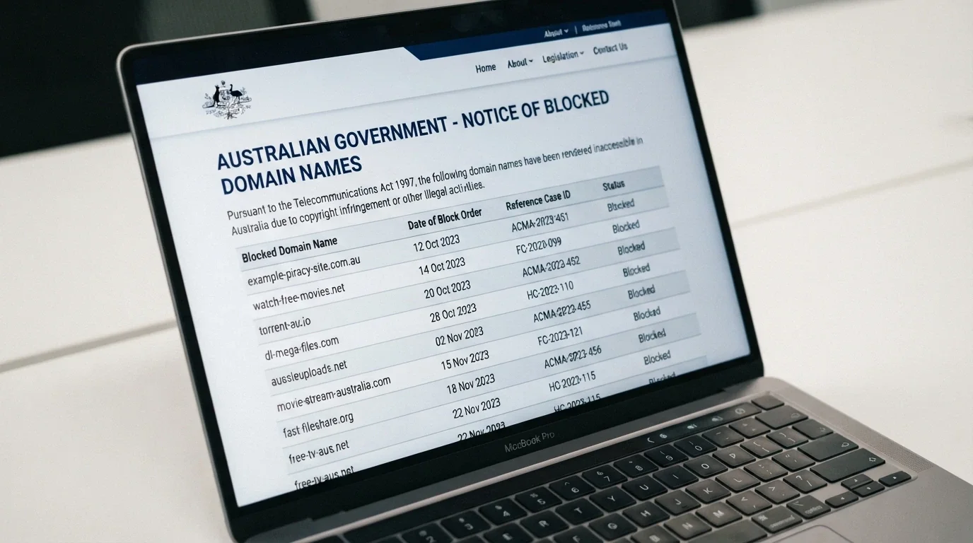 A browser window showing the ACMA website-blocking notice page with a list of blocked gambling domains partially visible