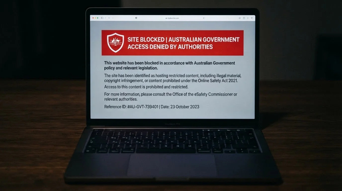 A browser window displaying the ACMA blocking notice — the page an internet user in Australia sees when an ISP blocks an illegal gambling website