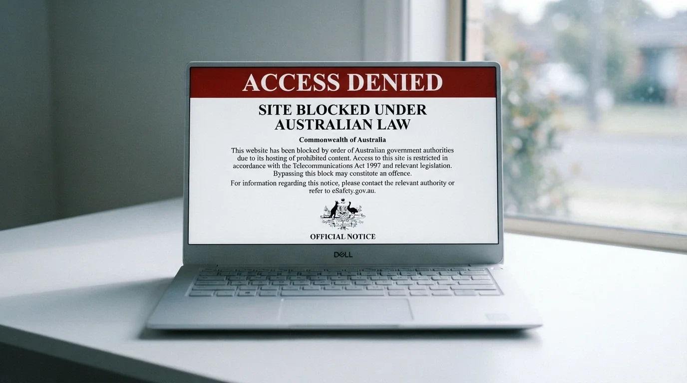 A laptop screen displaying an ACMA blocking notice — a formal government-styled page stating the site is blocked under Australian law, with the Commonwealth Coat of Arms visible