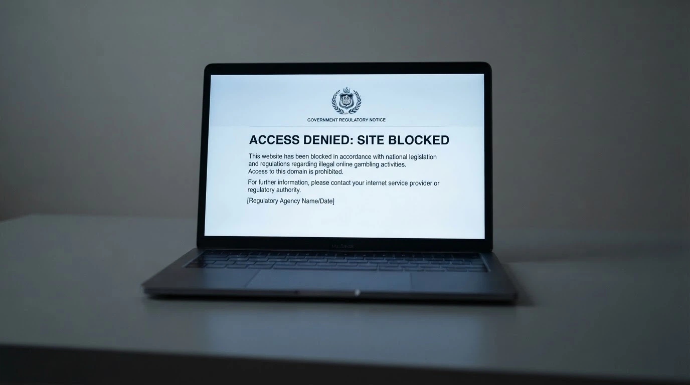 A browser window displaying an ACMA blocking notice or a government warning page, with the Australian coat of arms visible and text referencing the Interactive Gambling Act