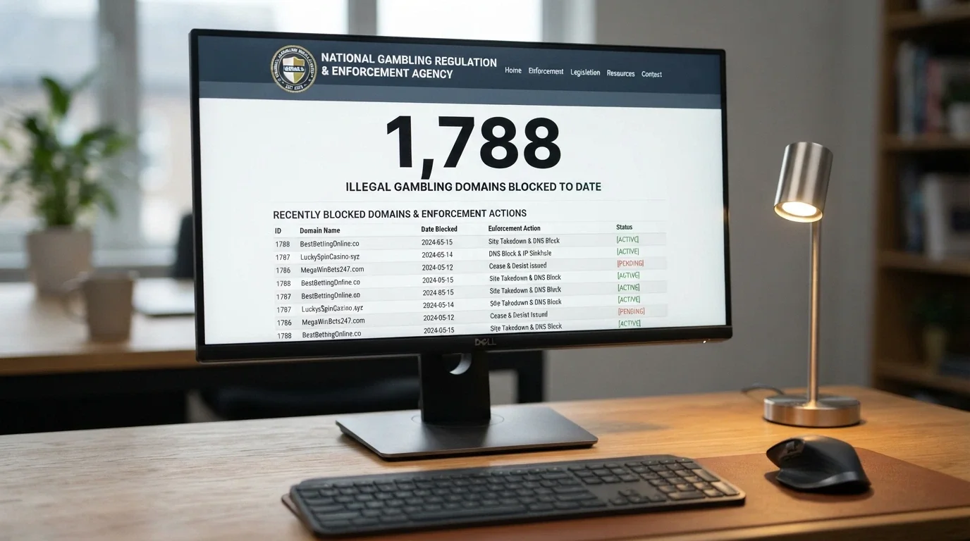 A screenshot of the ACMA website showing a list of blocked illegal gambling websites with the blocking counter visible
