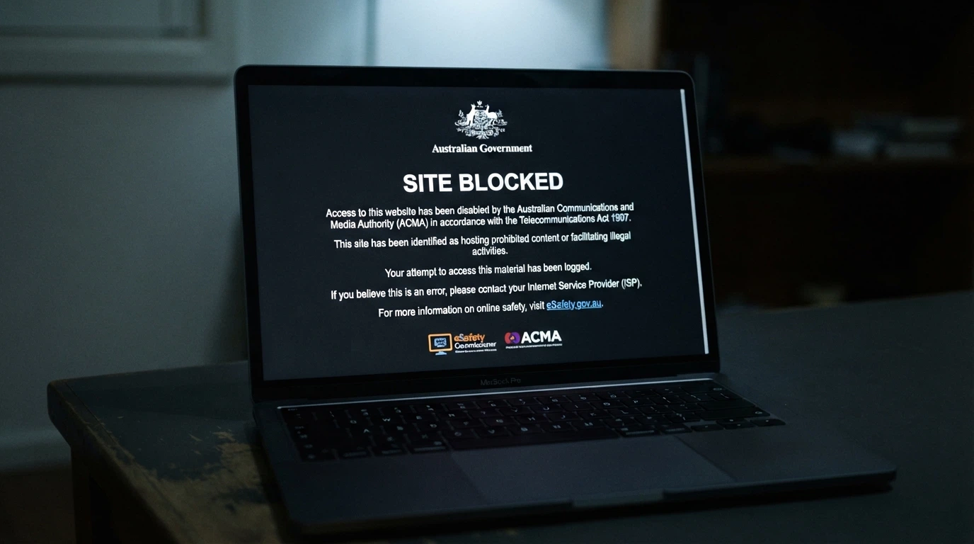 An ACMA website-blocking landing page displayed on a laptop screen, with the ACMA logo and the text “This website has been blocked pursuant to section 69H of the Interactive Gambling Act 2001”