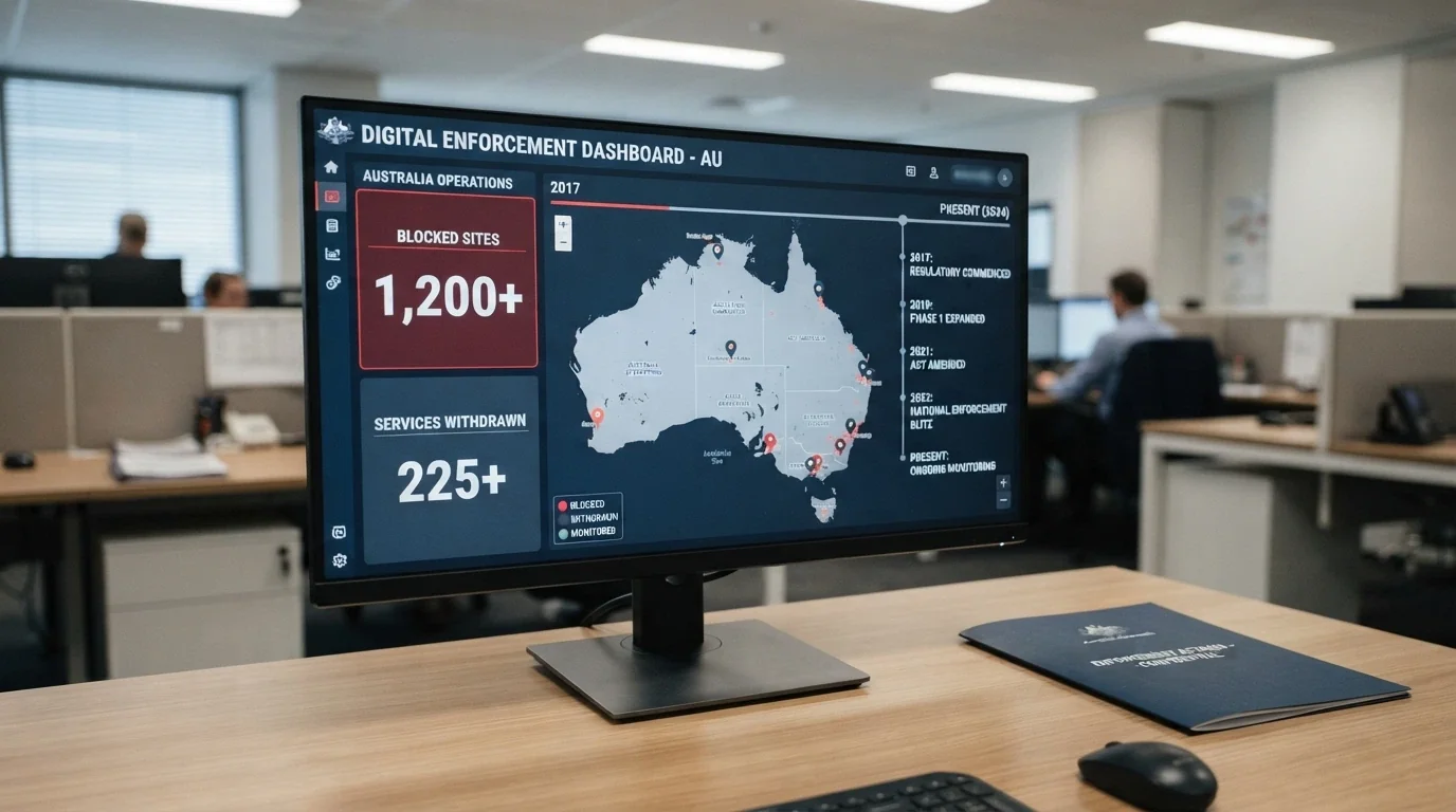 A stylised map or dashboard showing ACMA enforcement activity — site-blocking counts, investigations completed and services withdrawn — against a backdrop of the Interactive Gambling Act reference