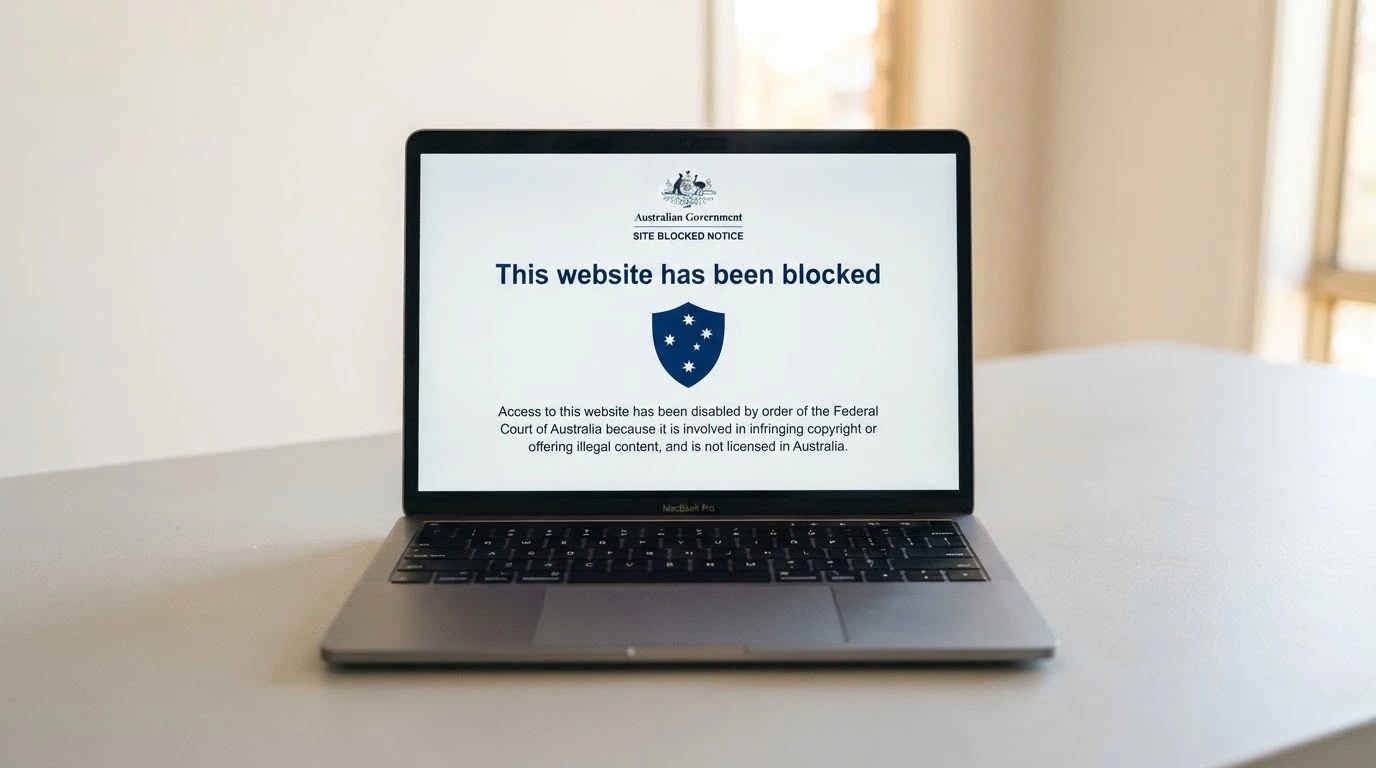 A browser window displaying an ACMA site-blocking notice page with official Australian Government branding