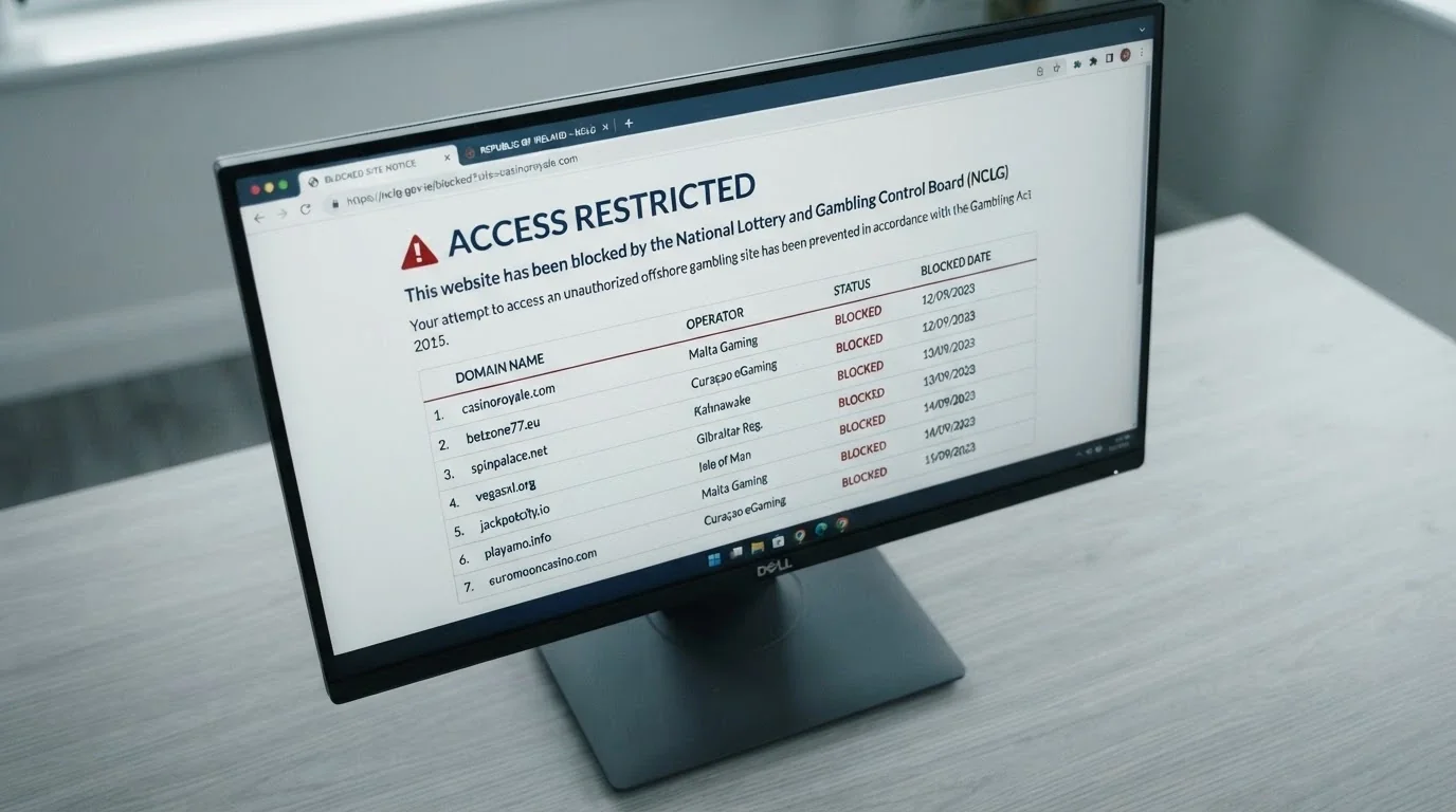 A browser displaying an ACMA website-blocking notice page, listing blocked offshore gambling domains