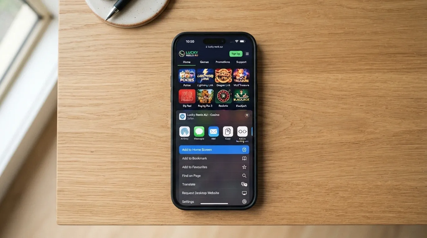 An iPhone Safari browser showing the “Add to Home Screen” option with a casino web app open behind it