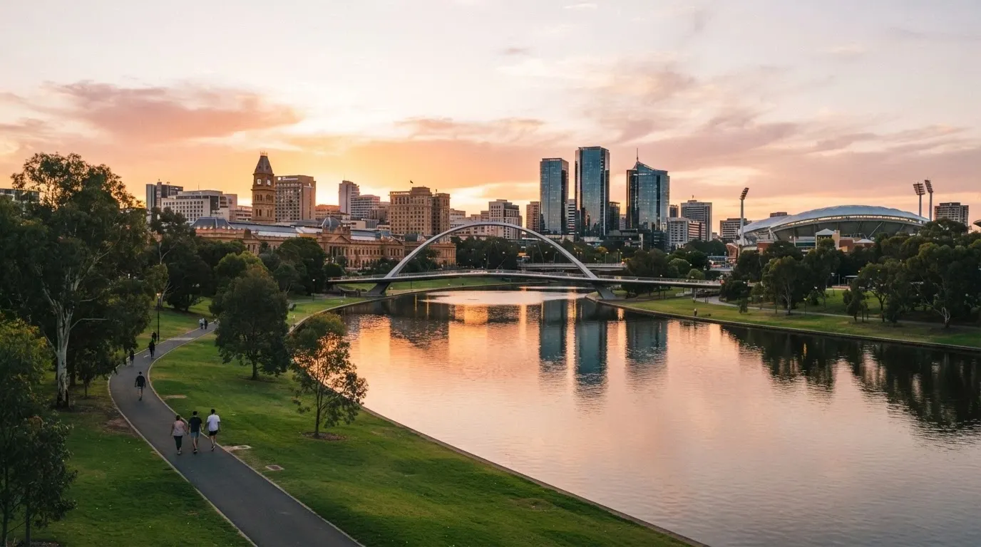 The River Torrens and Adelaide skyline at sunset with the Festival Plaza and casino precinct visible