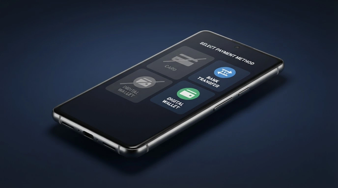 A selection of payment method icons on an Android screen with credit card and cryptocurrency icons greyed out and marked as banned since June 2024