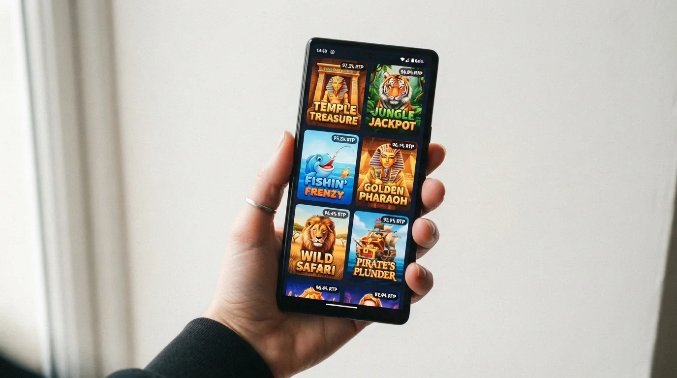 A scrollable grid of popular Australian pokies titles on an Android phone screen with RTP percentages overlaid on each tile