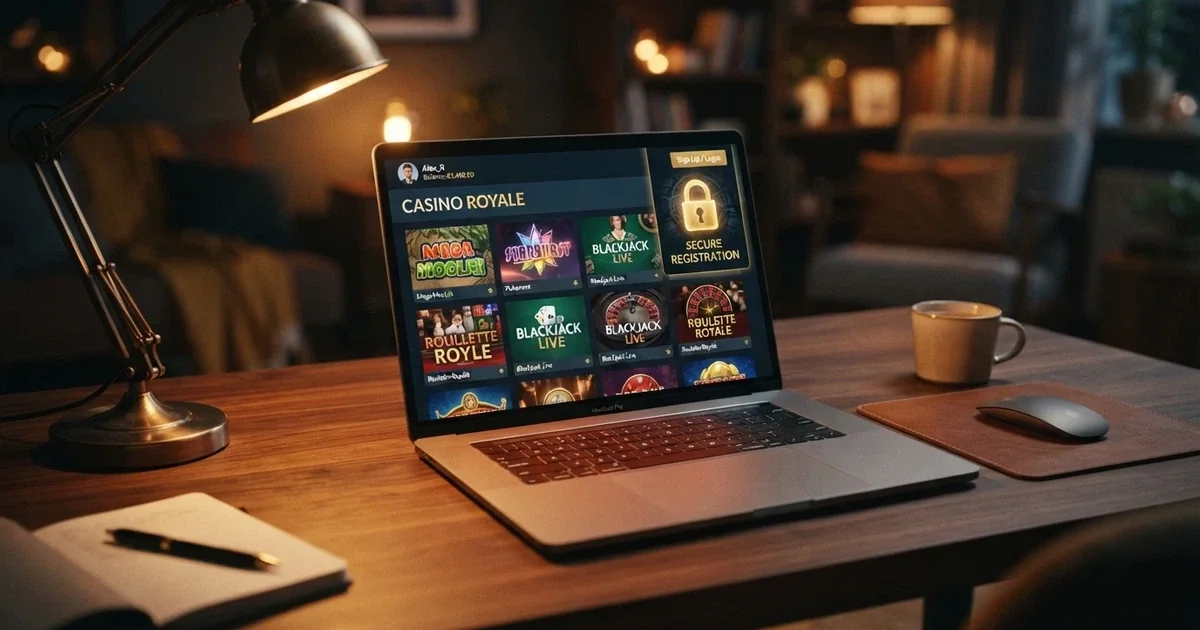 A laptop screen displaying a crypto casino lobby with a padlock icon over the registration button, no passport or ID document in frame.